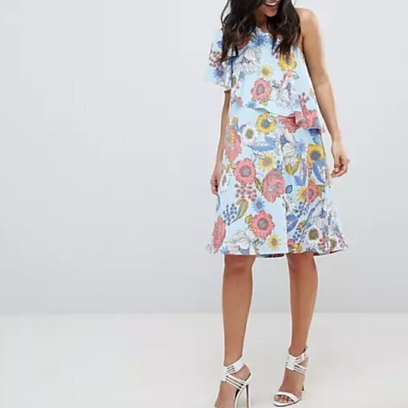Asos Maternity One Shoulder Cape Dress Blue Floral - Picture 2 of 12